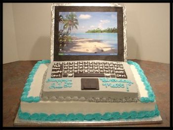 This is my first laptop cake. Bottom layer is a 12x18 and the laptop is a 9x13.  The keyboard keys are made from black fondant that I cut out with square cutters. The screen is a piece of styrofoam size 9x13, I wrapped it with foil, glued a piece of black construction paper on the front, and did a screenshot of my computer desktop printed it out and glued it on top of the construction paper. The screen is held in place by 4 dowel rods stuck halfway in the bottom of the screen and halfway in the bottom cake.