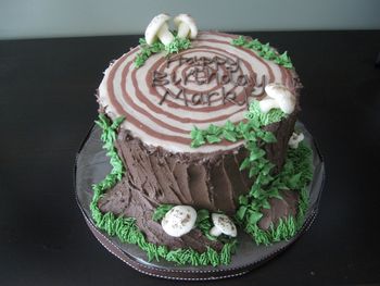 I made this for my husband's cousin's (who is a forester) birthday. Chocolate WASC with chocolate buttercream. The mushrooms are fondant sprinkled with cocoa.