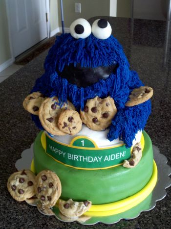 Cookie monster cake made with wilton ball pan and put on a 6 inch carved body and larger bottom tier.