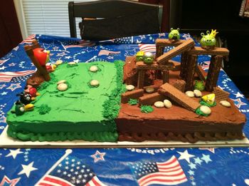 This is my very first cake! Nutty Buddys and sugar wafers for the blocks. I used Cookes and Cream Hersey candies for the rocks. The Slingshot and Figurines I bought. The cake is a 3/4 sheet (18x12x2) and is half chocolate and half vanilla pound cake. Iced which vanilla and chocolate buttercream