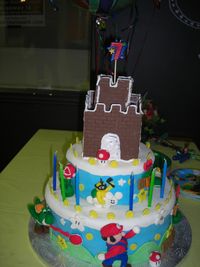 My son wanted a Mario cake. This was my first time making figures, but it turned out okay. He loved it so that's what matters! All fondant decorations, besides the chocolate castle. Which was a huge hit, all the kids wanted to eat the castle!