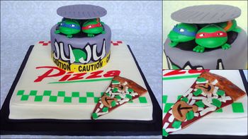 Pizza box/sewer drain TMNT cake, all fondant and gumpaste decor. First time modeling figures. They kind of pancaked out without me realizing it, and dried like that before I could salvage them. :( Fondant pizza slice.