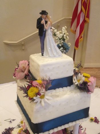 This is the top tiers to a WASC (scratch) cake, cream cheese filling, and buttercream icing.  Each tier is 4" high, the dragrees are ivory 4mm, and the base board is white fondant w/4mm dragees.  I used the SPS system for support and added fresh flowers.  This was my 3rd wedding cake project and it was alot of fun to do! May 3, 2013