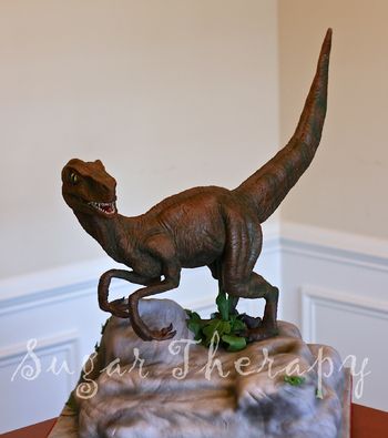 Velociraptor is modeling chocolate.  Cake is the rock.