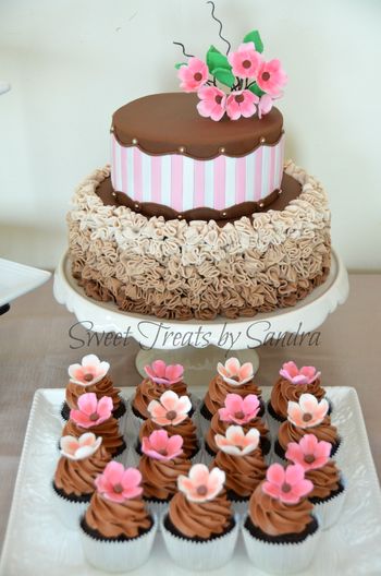 This is 8' and 6' cake. Bottom tier is sticky date cake and top tier is white chocolate mudcake. Both cakes are filled with white chocolate ganache. The ombre ruffles took forever to finish! top tier design is inspired by one of Jessica Harris' fashionista cake design. The blossom sugar flowers are made of gumpaste and coloured with petal dust.