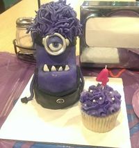 Despicable Me evil purple minion display and purple cupcake for the birthday girl