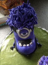 Top view of evil purple minion (fondant-covered rice krispie treat); looks a little blue, but was the perfect minion purple