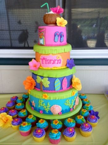 This cake was  stacked on a Wilton Towering Tiers cake stand- which I usually do not like because I don't like to see any plastic or spacing between tiers. But I covered each plate with fondant and cut fringe to represent a grass skirt.