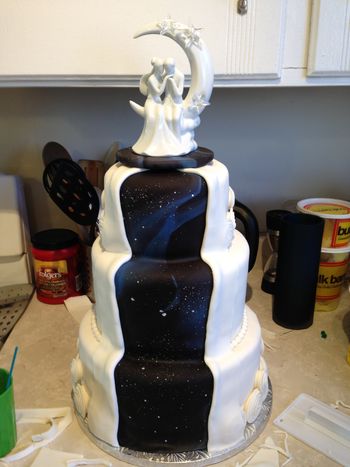 This is the cake I made for our wedding.  6"/8"/10".  Lemon on the top and bottom tiers, Chocolate with mint ganache on the middle tier.  Partially inspired by grandmomof1.