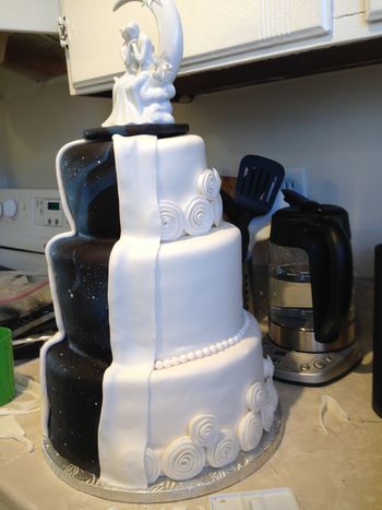 This is the cake I made for our wedding.  6"/8"/10".  Lemon on the top and bottom tiers, Chocolate with mint ganache on the middle tier.  Partially inspired by grandmomof1.