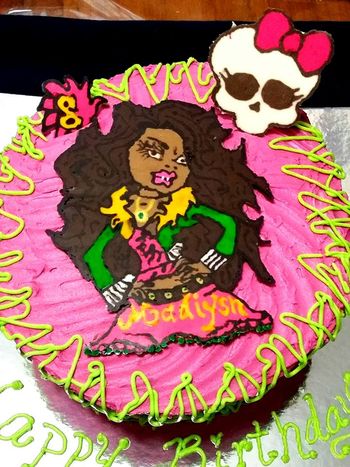 * Clawdeen Wolf from Monsters High, BC 2 layer, cake was swirled in Pink for a girls birthday party. Skull and Clawdeen, and "8" are candy melts