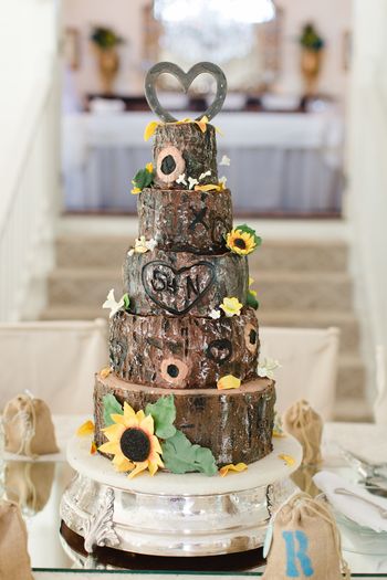 Tree trunk; tree bark; sunflowers.  Rustic. Country.  Barn wedding.   I wrote to CC to see what's wrong:  I cannot enter a single word to thank you for your awesome comments or explain what I did!!  First of all, I used chocolate ganache on the sides and white ganach on the tops.  Go to the Winbeckler site, CakeSuppliesPlus.com and order the "Tree Bark Texture Mat Silicone" for $22.  I don't know how you could get this texture otherwise.  Site says it works for buttercream (I tried and agree but wanted ganache) and fondant (would agree but didn't try).  Procedure:  Dust the mold heavily with "poof" (1/2 cornstarch; 1/2 confex sugar) because you DO want the white to stay on the ganache for the effect.  Then thin black, brown (s), mossy green(s), and white/beige with extract, vodka, or, my favorite,  peppermint schnapps (!).  Notice that each layer is an experiment, but what generally worked best was black with a small, thin brush in the deepest recesses, vey thin white with a wide, course  brush lightly over the highest points (up and down was better than sideways), and brown(s) and green(s) randomly applied.  Cake topper by BlacksmithCreations on Etsy.  Board covered  with burlap.  "Carving" by dipping a very small ball tool in hot water then wiping dry; melted the ganache perfectly.  Sunflower inspiration by Edna - I love her - De La Cruz.  I am very glad to give further insight and/or answer questions as soon as CC allows me to do so!!