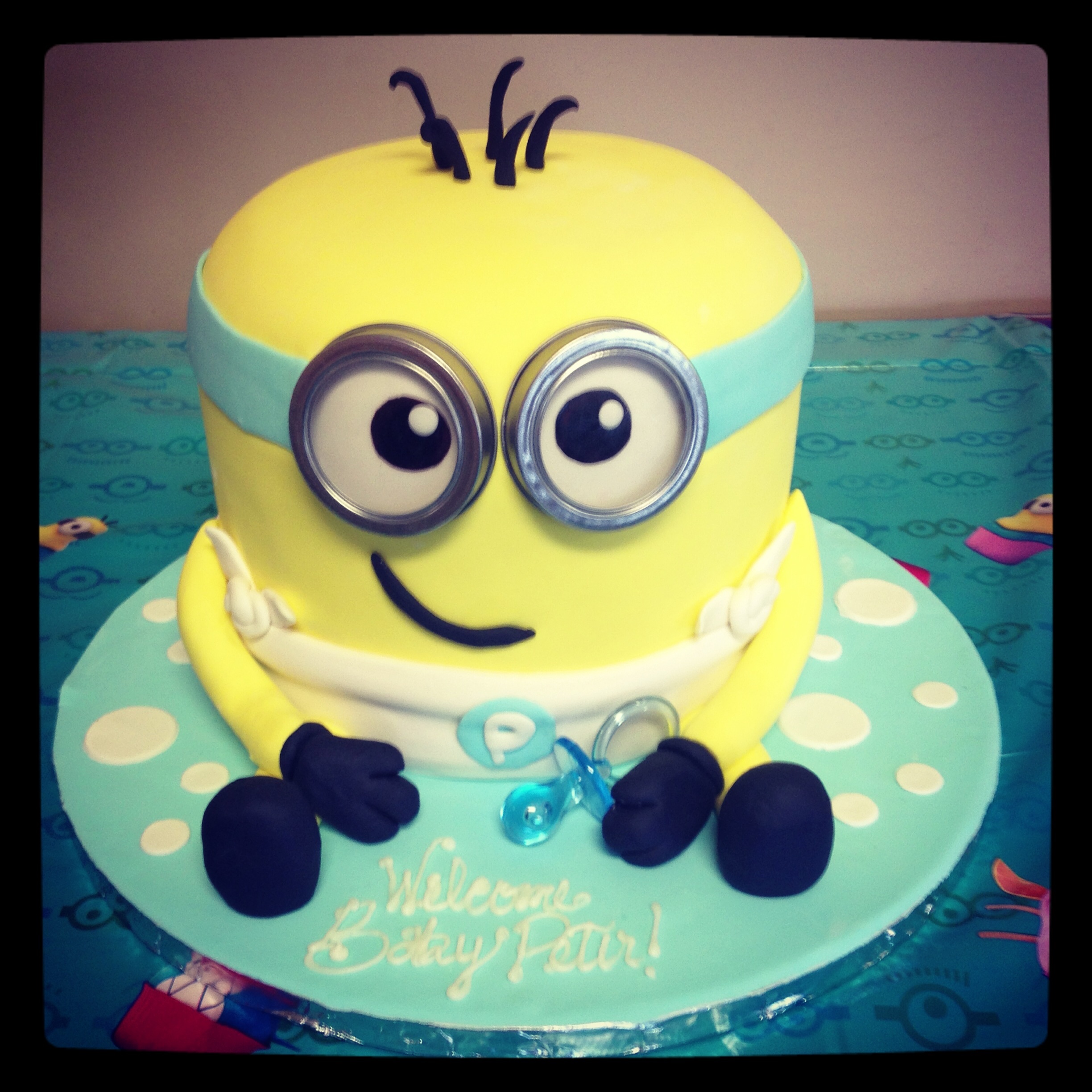 Minion Dave baby shower cake :) first time covering a double barrel cake!!! Yay!!!